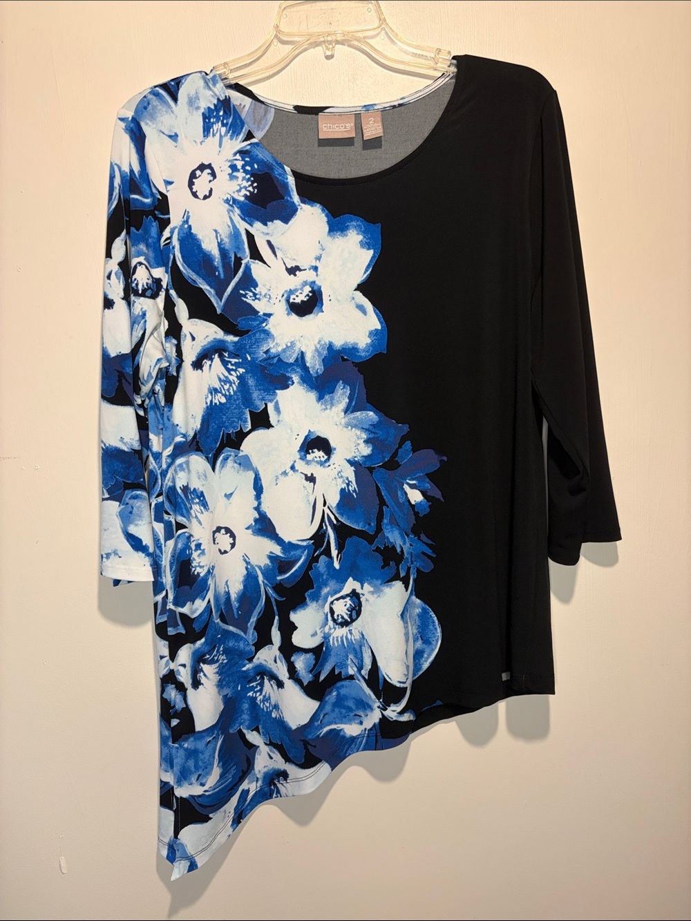 Chico's Asymmetrical Hem Mixed Print Floral Tunic Top Blue Black Size 2 Large